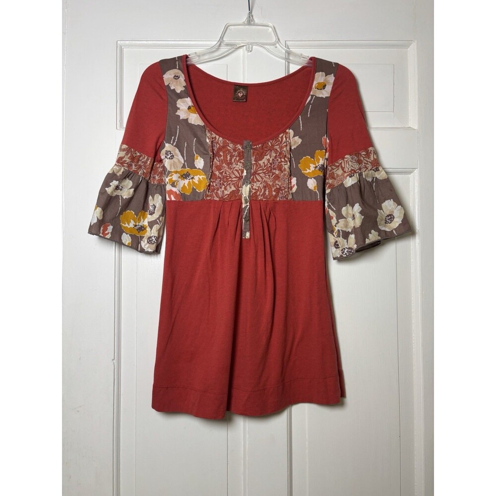 Language Los Angeles Women's S  Top Bell Sleeve Red Floral Brown Boho Bohemian